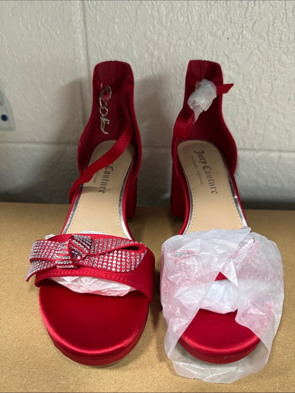 Juicy Couture Red Satin Crystal Bow Block Heels